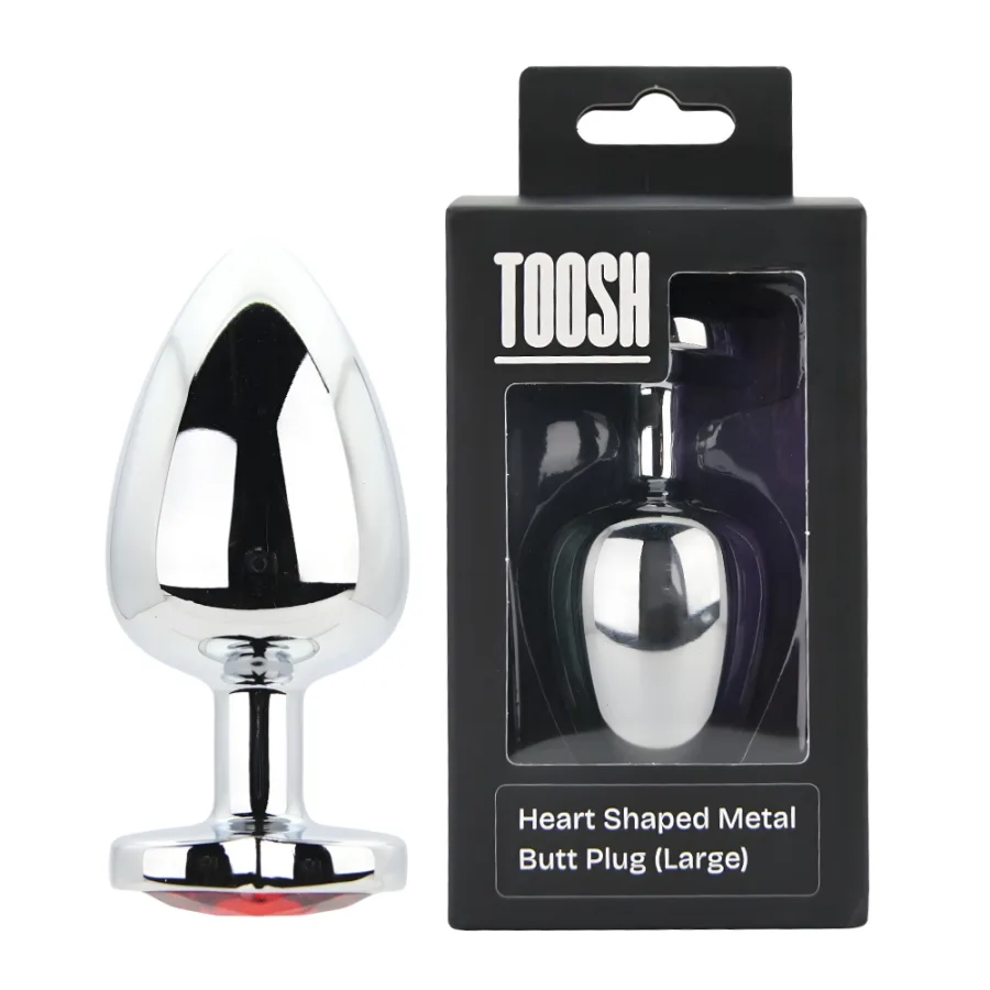 Toosh Heart Shaped Silver Butt Plug with Red Stone Large