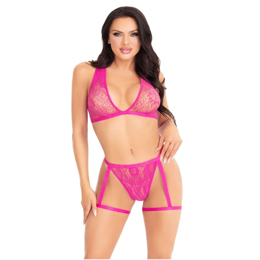 Leg Avenue Lace Bra Top and Panty with Garters Pink