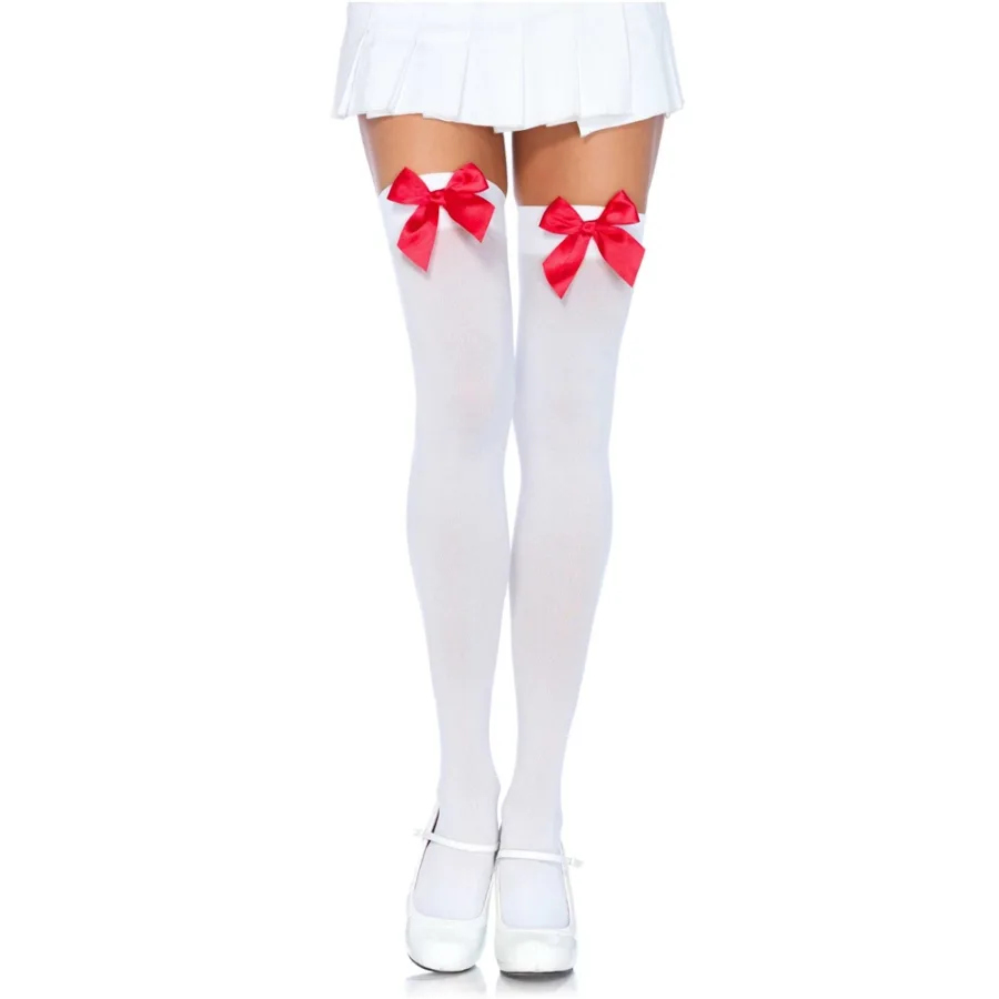 Leg Avenue Nylon Thigh Highs with Bow - Black