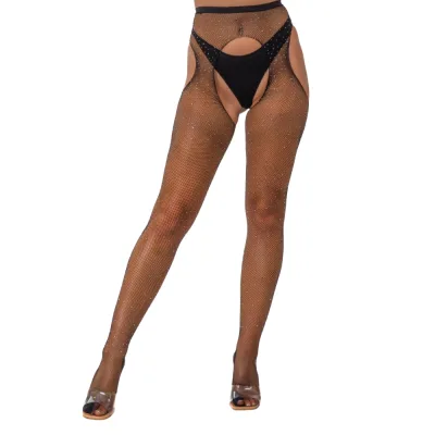 Lace by LJ Rhinestone Fishnet Crotchless Pantyhose Black